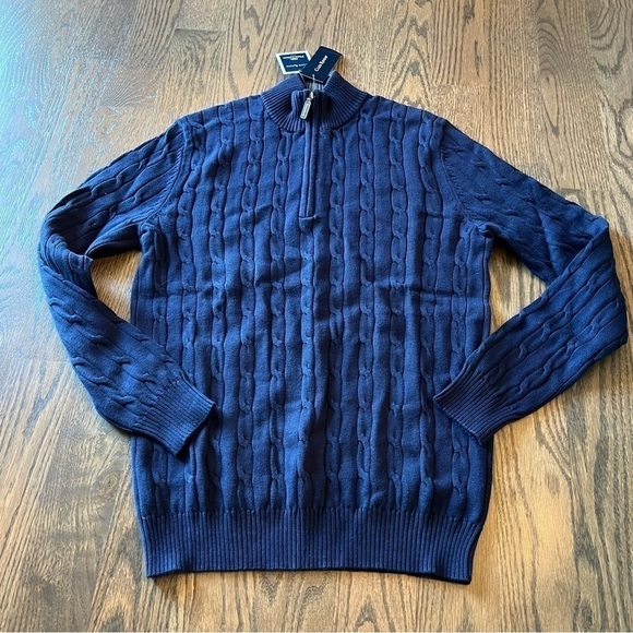 NWT Club Room 100% Pima cotton 1/4 zip textured sweater in navy size small - Picture 1 of 4